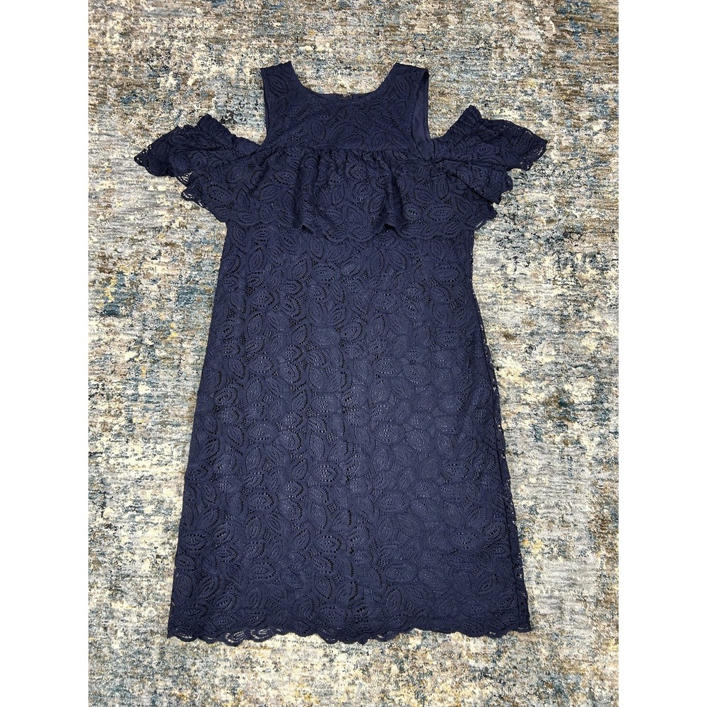 Ann Taylor Navy Blue Lace Cold Shoulder Ruffle Shift Dress Size 6